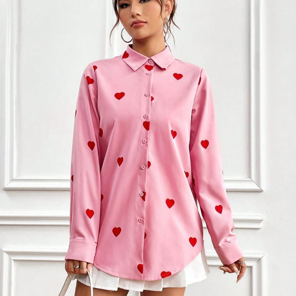 Pink Casual Womens Heart Pattern Long Sleeve Shirt - Picture 3 of 5